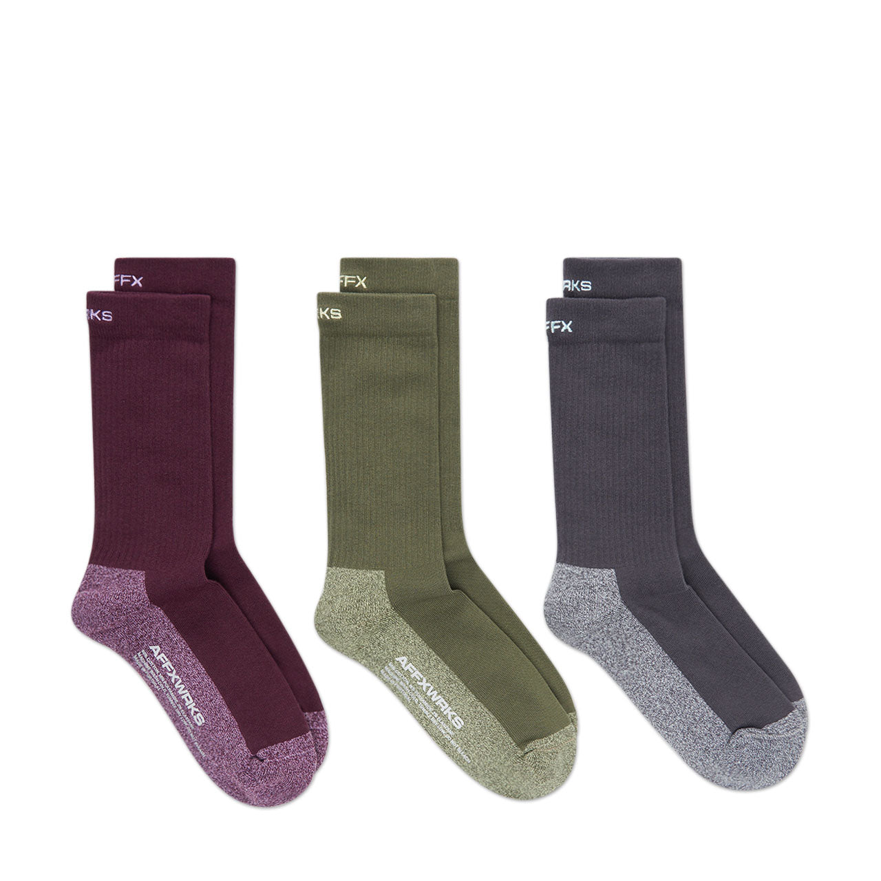 affx wrks duo-tone sock 3 pack (crimson / green / grey) - a.plus