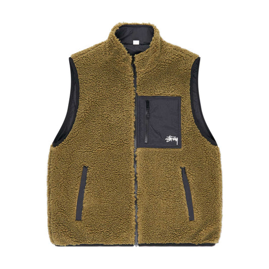 stüssy sherpa reversible vest (olive) - a.plus